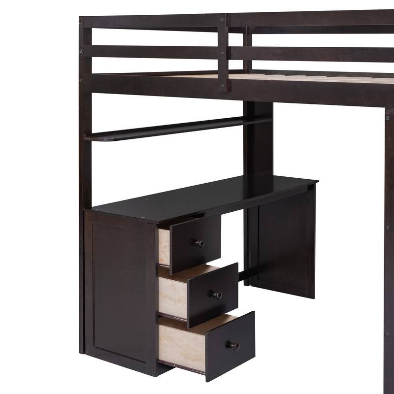 Full Loft Bed with Study Station and Built-in Wardrobe, Desk & 3 Drawers, 600lb Capacity
