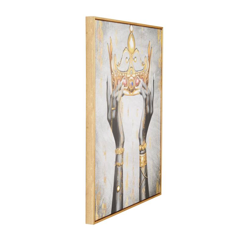 Gold Polystone Crown Living Room Framed Wall Art with Shaded Hands and Metallic Foil Accents