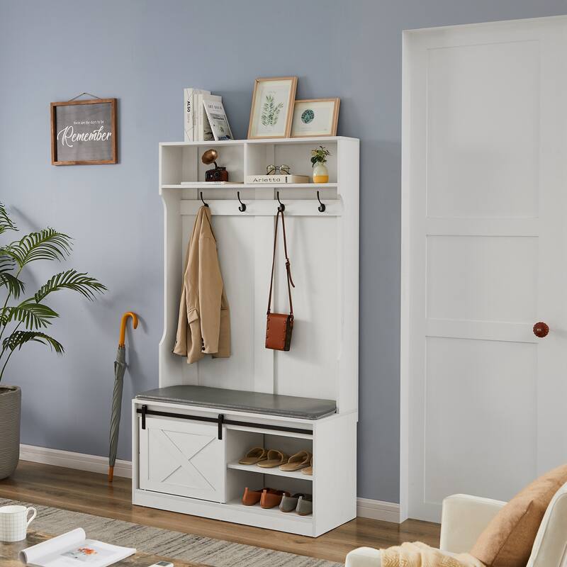 Hall Tree with Coat Rack, Bench, Drawers - White