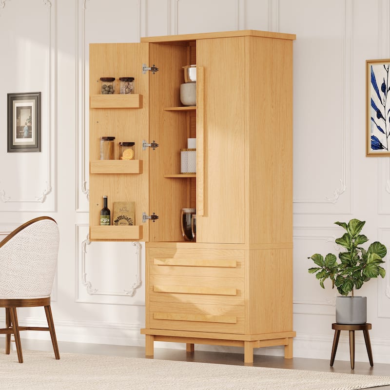 70" Wooden Kitchen Pantry Cupboard with 6 Door Shelves and 3 Drawers