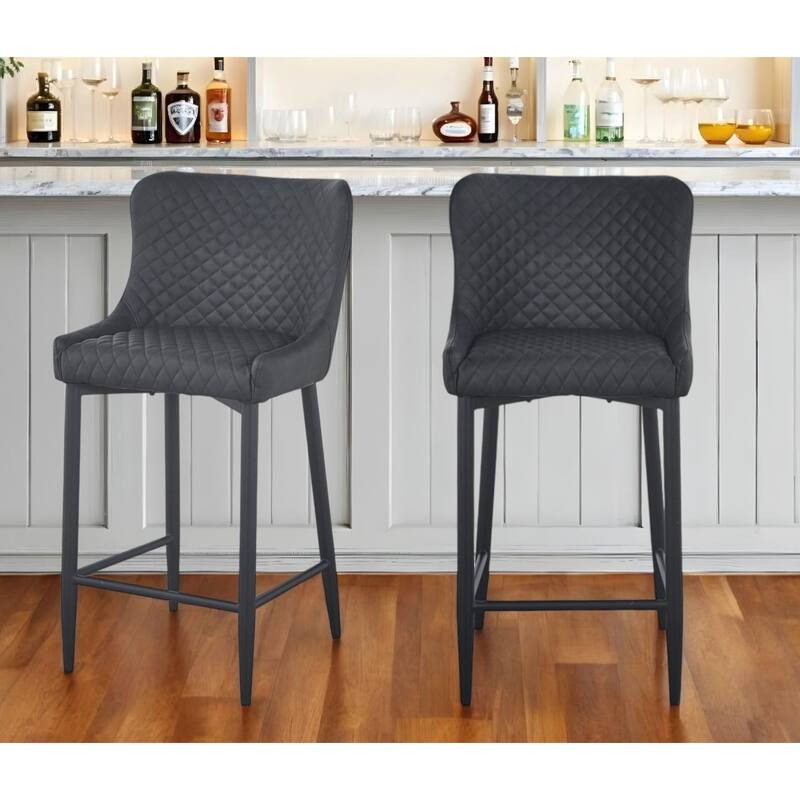 HomeRoots Set of Two 30" Gray and Black Faux Leather and Metal Low Back Bar Height Bar Chairs - Bar Height - Set of 2 - Gray
