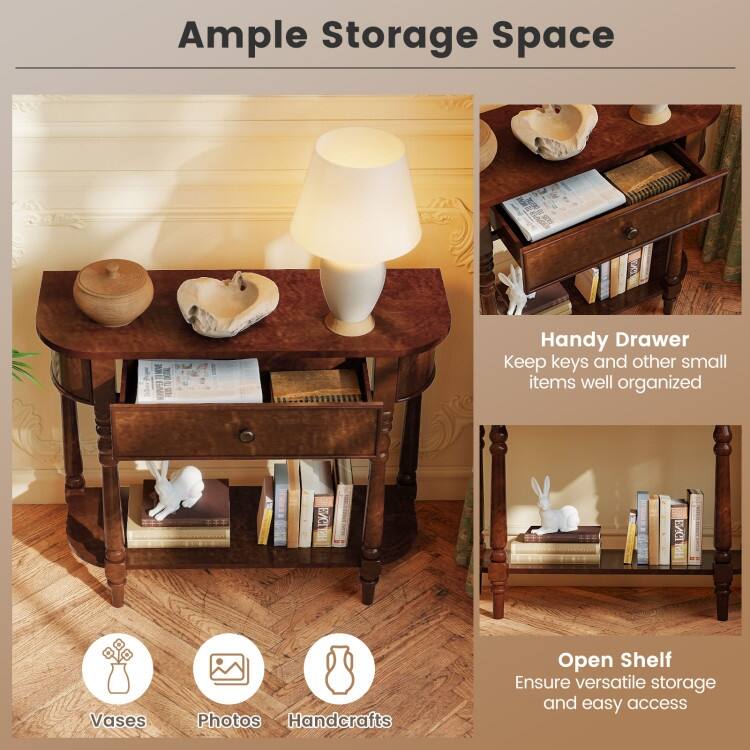 Retro Solid Wood Console Table with Drawer and Shelf Narrow Entryway Sofa Table for Living Room Hallway - 36" x 13" x 31"
