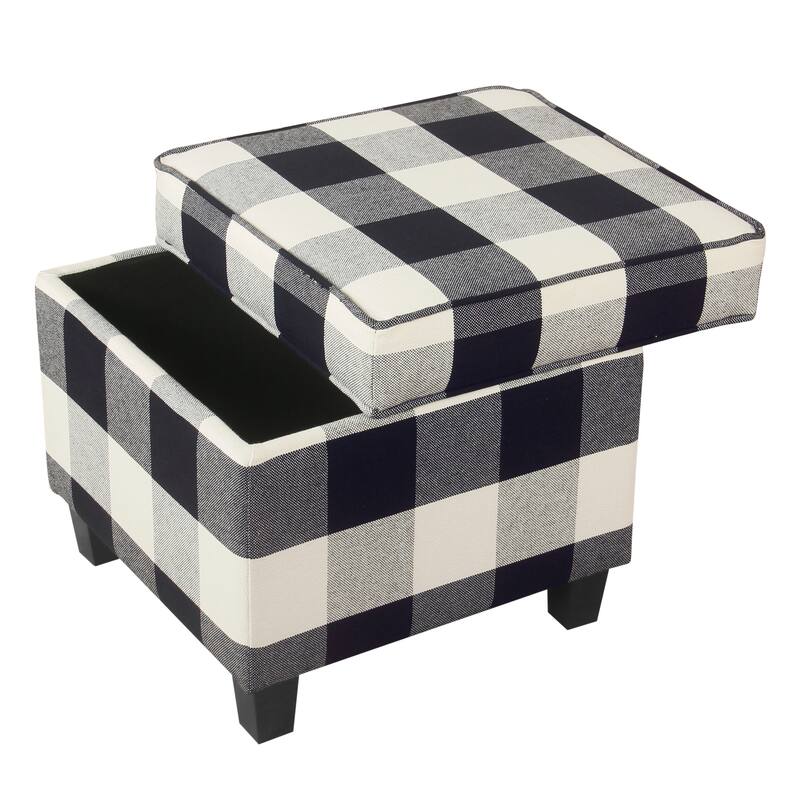 Pyp Square Storage Ottoman, 18 Inch Black Plaid Cotton, Ebony Legs