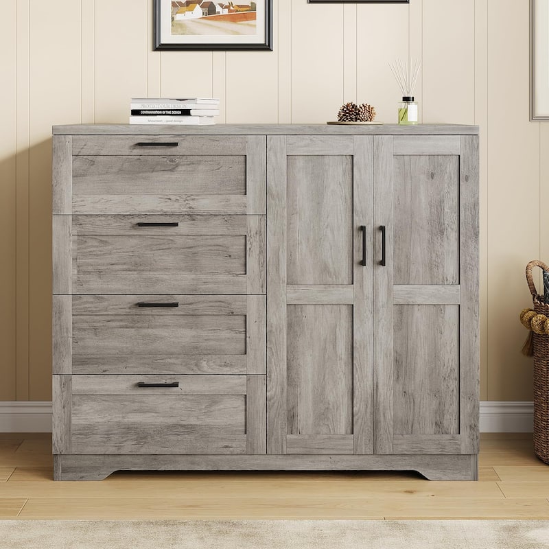 Wood Armoire Wardrobe Closet with 4 Drawers and Door, 43.3" H Bedroom Wardrobe Cabinet with Hanging Rod - Grey