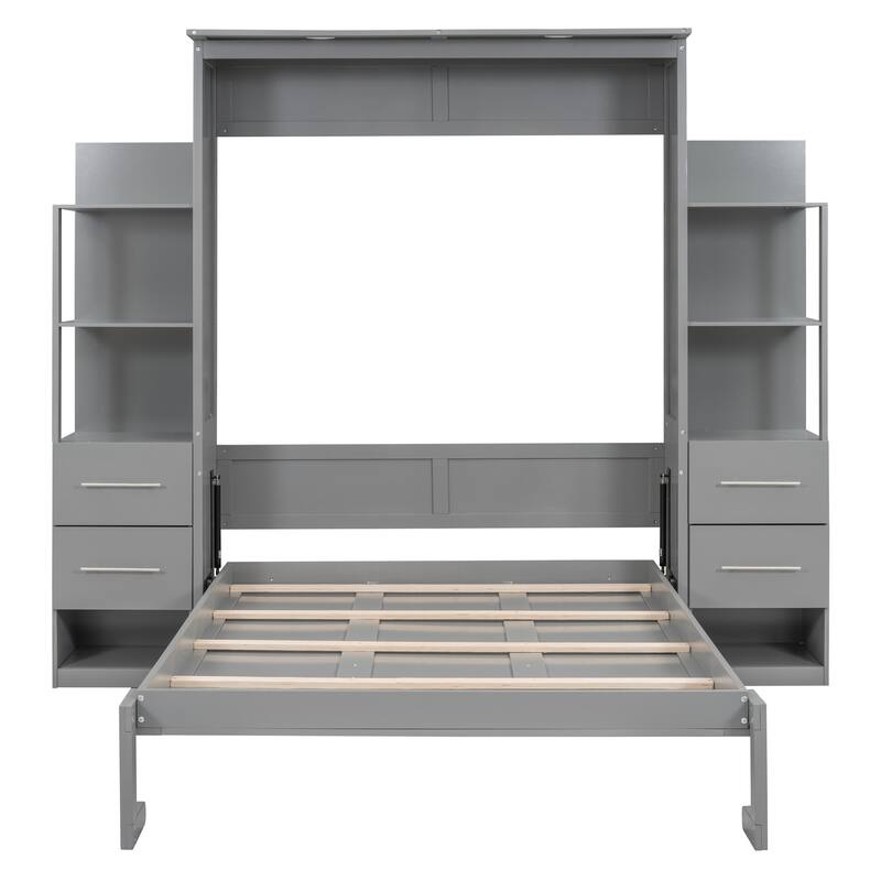 Murphy Bed Foldable Bed with Two 4-Layer Shelves Space Optimizing Wall Bed with 4 Drawers and LED Lights for Bedroom Apartment