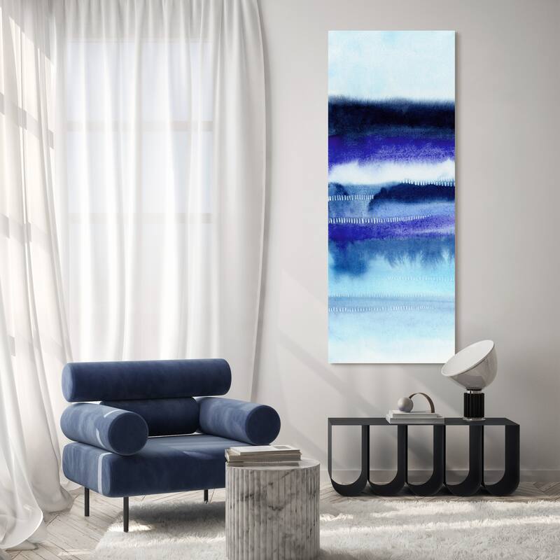 Blue Abstract Graphic Wall Art on Free Floating Tempered Glass Panel