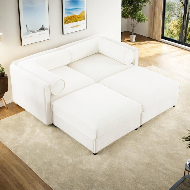 75.5" Chenille Upholstered 2-Seater Sleeper Modular Sectional Sofa with Storage Seat, DIY Combination - White