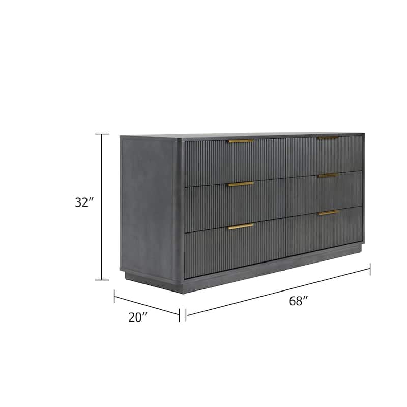 Noe Celia Wide Dresser, 6 Drawers Retro Luxe Gray Rubberwood