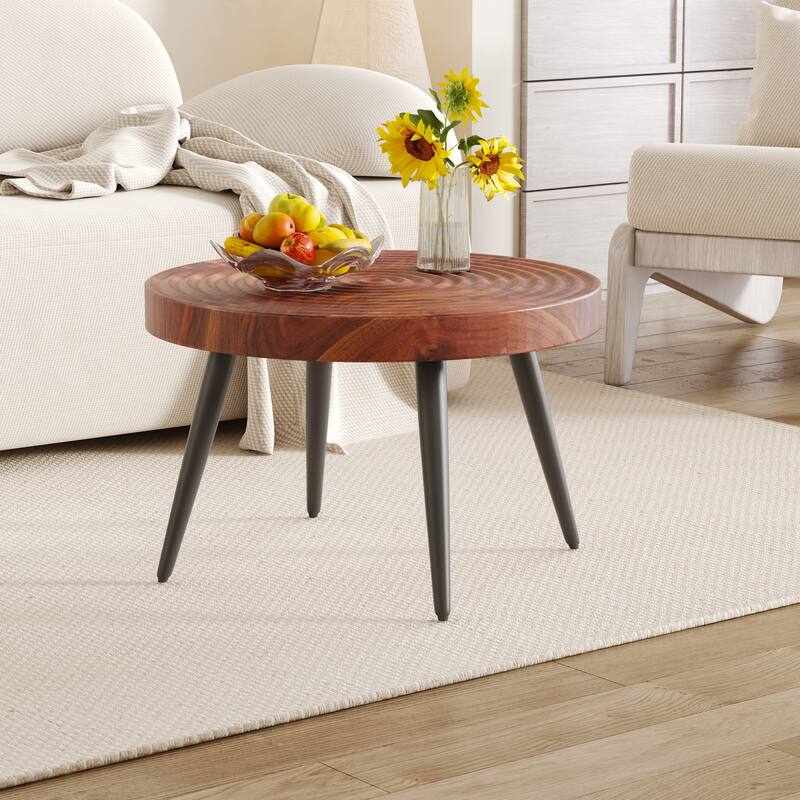 Roomfitters 23.6" Round Coffee Table with Natural Wood Grain Texture and Black Metal Legs