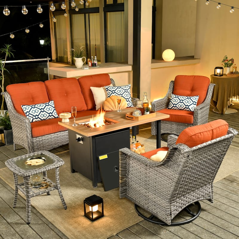 OVIOS 5 Pieces Outdoor Wicker Curved Swivel Chair Set With Fire Table
