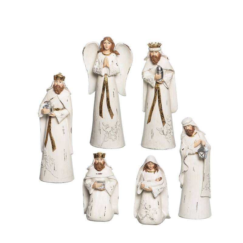 Traditional Christmas Nativity Set Christ with Leaves, Set of 6 - White