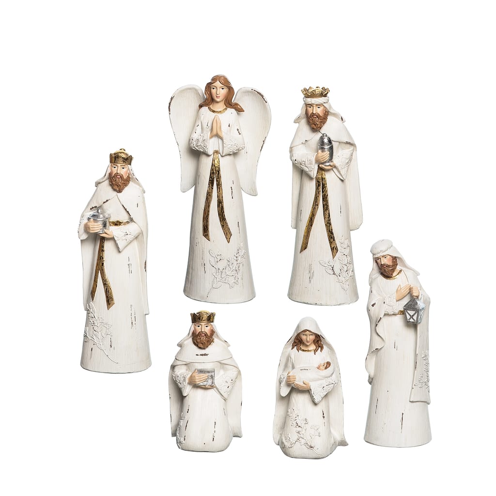 Traditional Christmas Nativity Set Christ with Leaves, Set of 6 - White