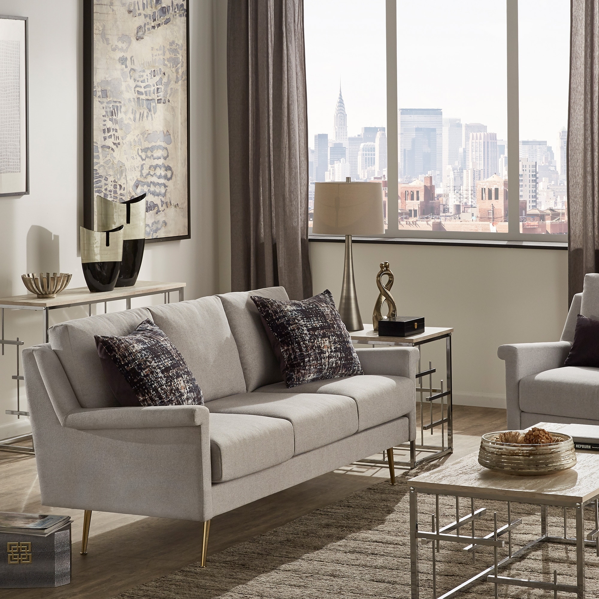 iNSPIRE Q Modern Cade Grey Fabric Sofa with Gold Metal Legs