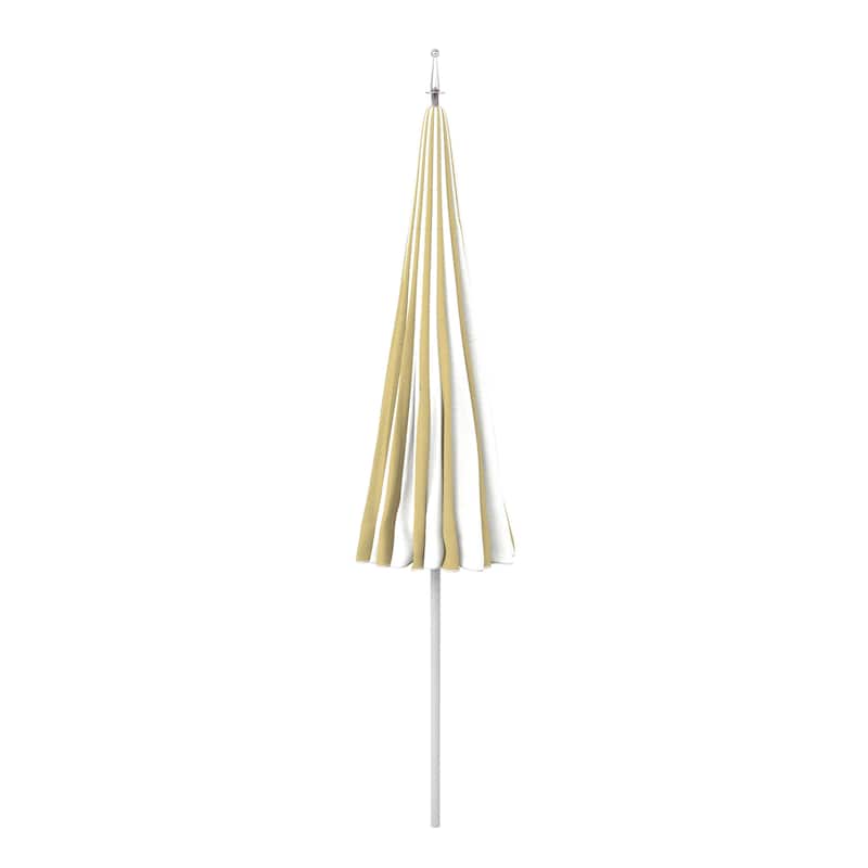 California Umbrella 8.5' Pagoda Series Patio Umbrella White Aluminum Pole Push Lift Sunbrella Natural and Pacific Blue