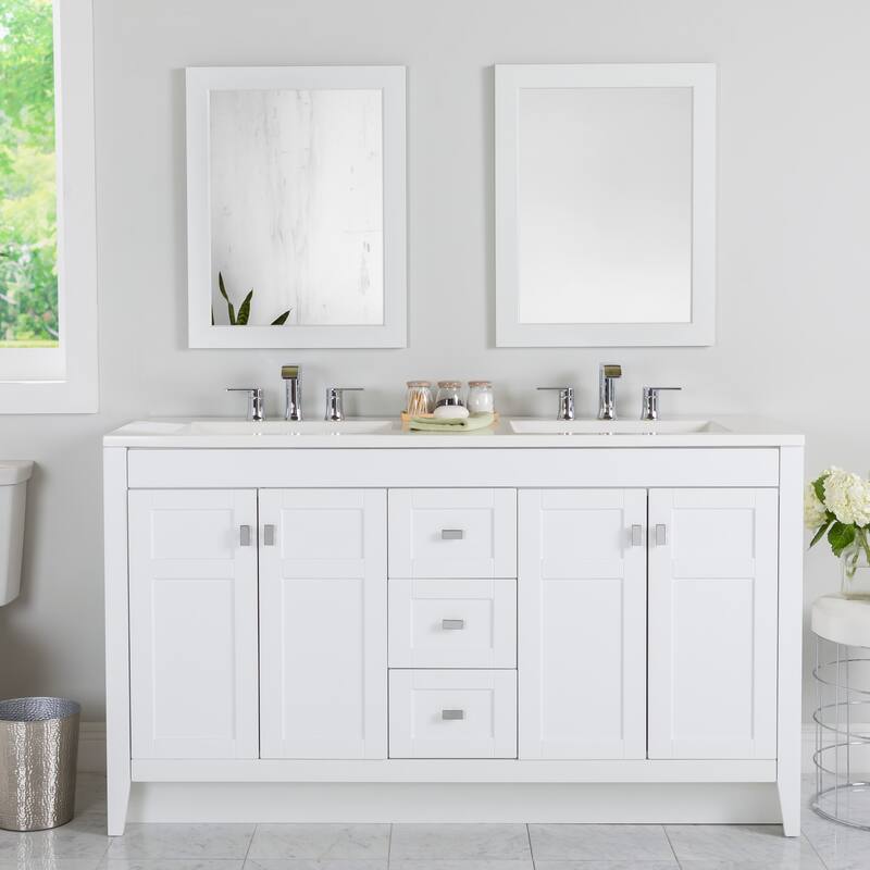 Spring Mill Cabinets Lonsdale 60.5" Double Bathroom Vanity With 6 Drawers and White Sink Top - White