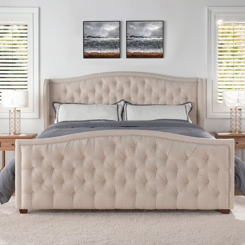Athens Upholstered Nailhead Tufted Wingback Panel Bed