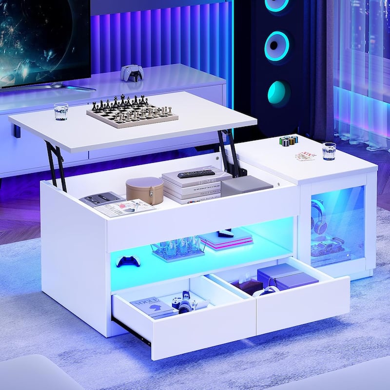 Lift Top Coffee Table 2 Drawers Glass Storage Cabinet Coffee Tables Living Room - White
