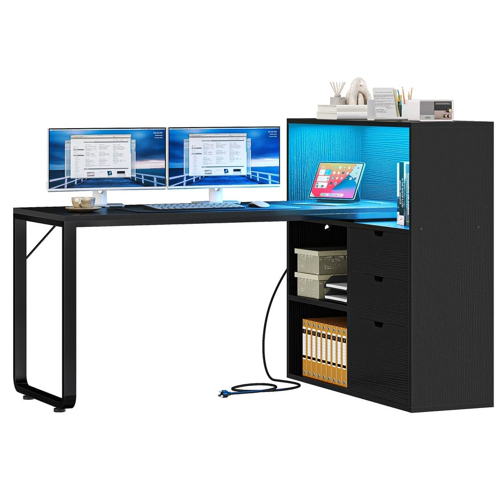 Moasis 55" LED L-Shaped Desk with Drawers and Cabinet, Corner Computer Desk with Power Outlets USB Ports