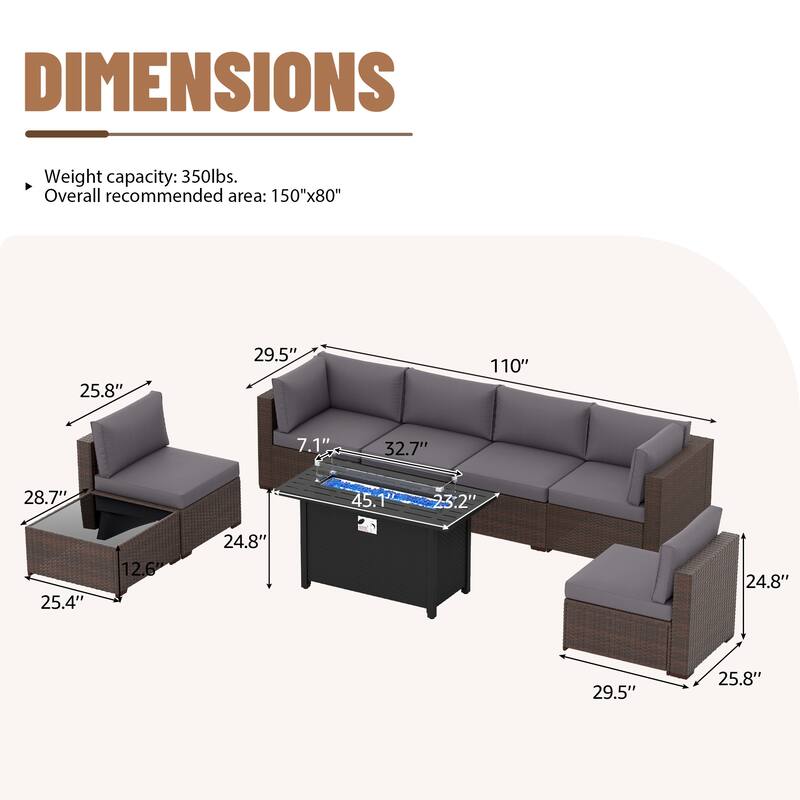 Outdoor Wicker Sectional Sofa 8-Piece Set with Fire Pit Table