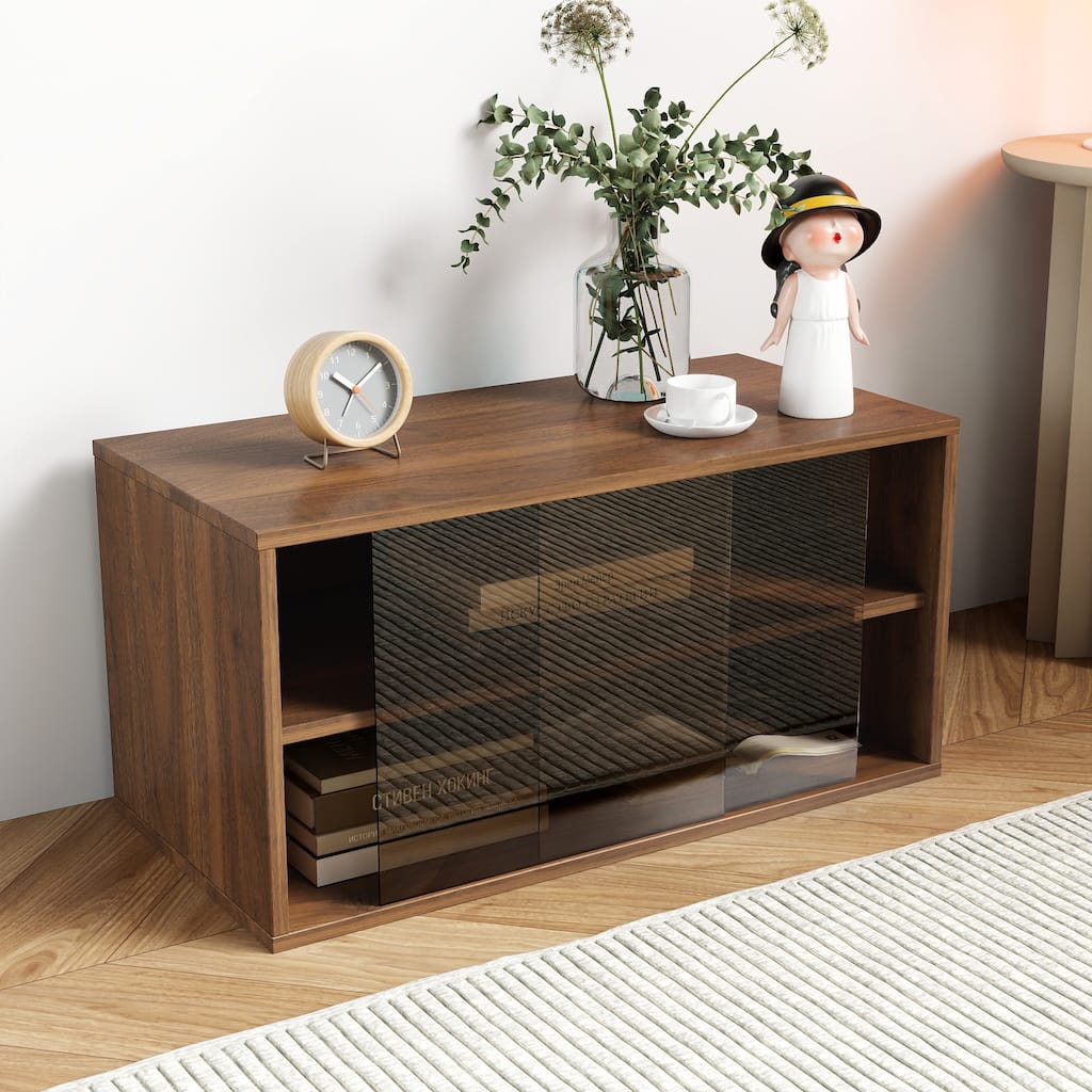 Roomfitters Stackable Mounted Storage Cabinet with Sliding Glass Doors, Wooden Organizer Shelf for Living Room or Office, Walnut