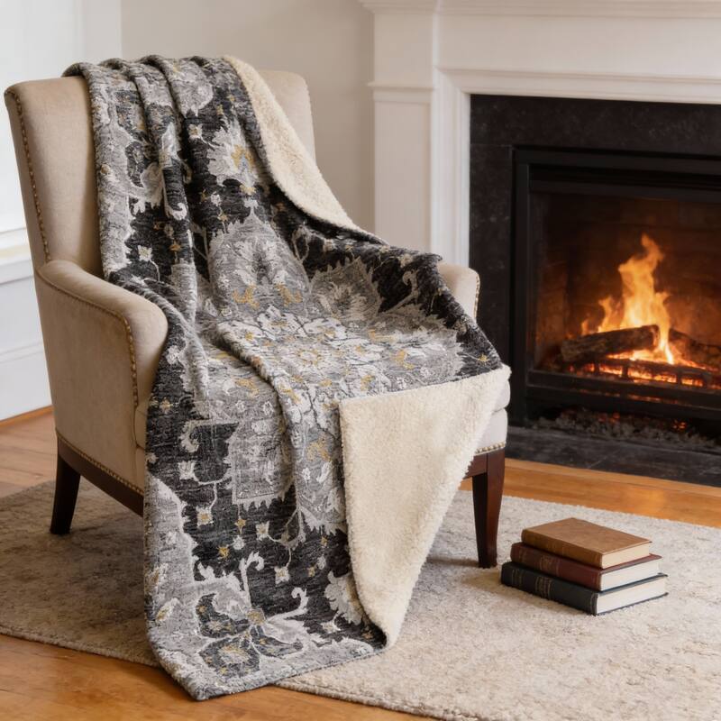 HomeRoots 50" X 70" Charcoal Gold And Gray Floral Microfiber Plush Throw Blanket - Throw - Charcoal/Gold/Gray