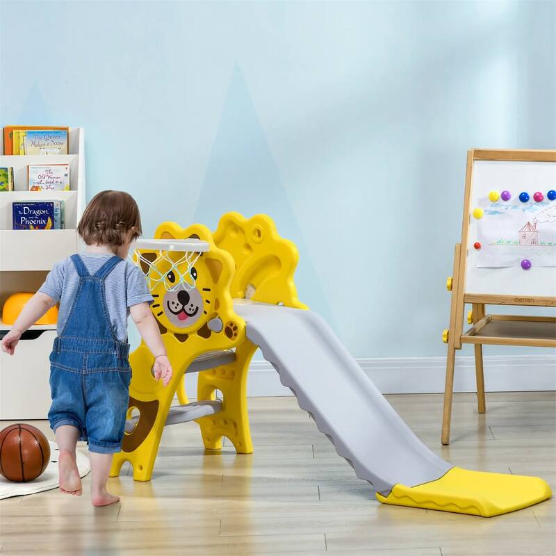Yellow Grey PE 3-in-1 Kids Slide with Climber and Basketball Hoop - 51.5" L x 19.75" W x 29.25" H