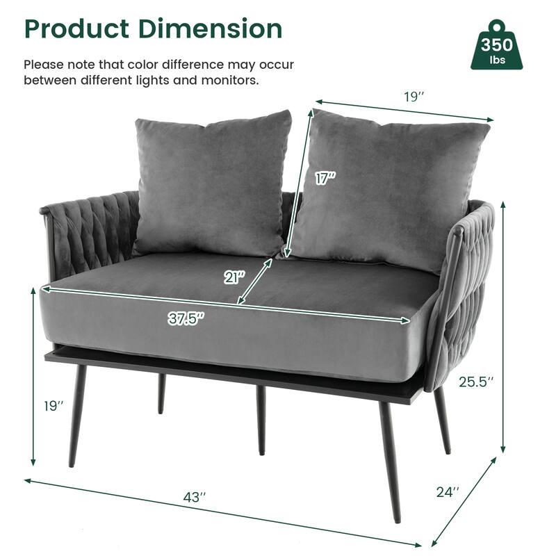 Dutch Velvet Woven Loveseat Sofa with Metal Legs and 2 Cushioned Pillows - 43” x 24” x 25.5”