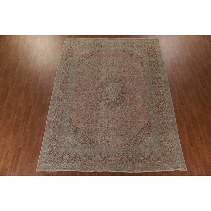 Hand Knotted Oriental 100% Wool Carpet Traditional Floral Pink Mashad Area Rug - 12' 3'' X 9' 4''