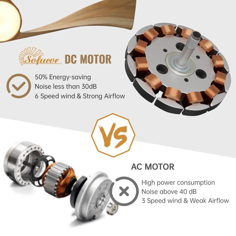 52"Solid Wood Ceiling Fan with Light Optional, 6-Speed Reversible DC Motor and Remote control,Smart Optional