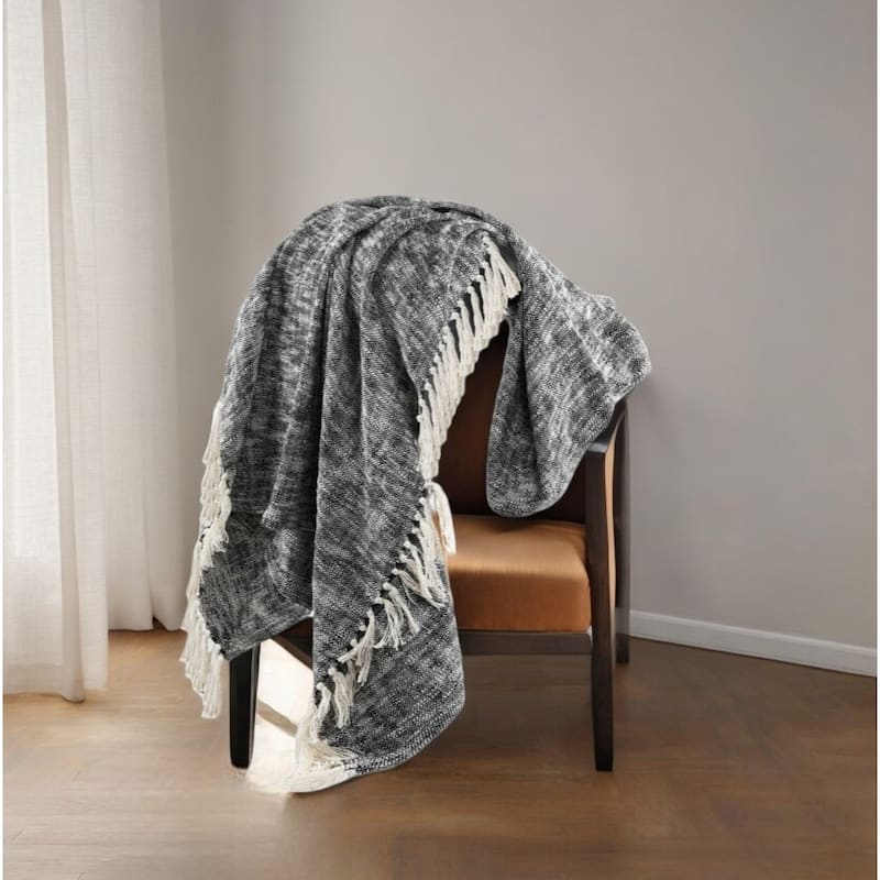 50" X 60" Black and White Woven Cotton Throw Blanket with Fringe - Throw