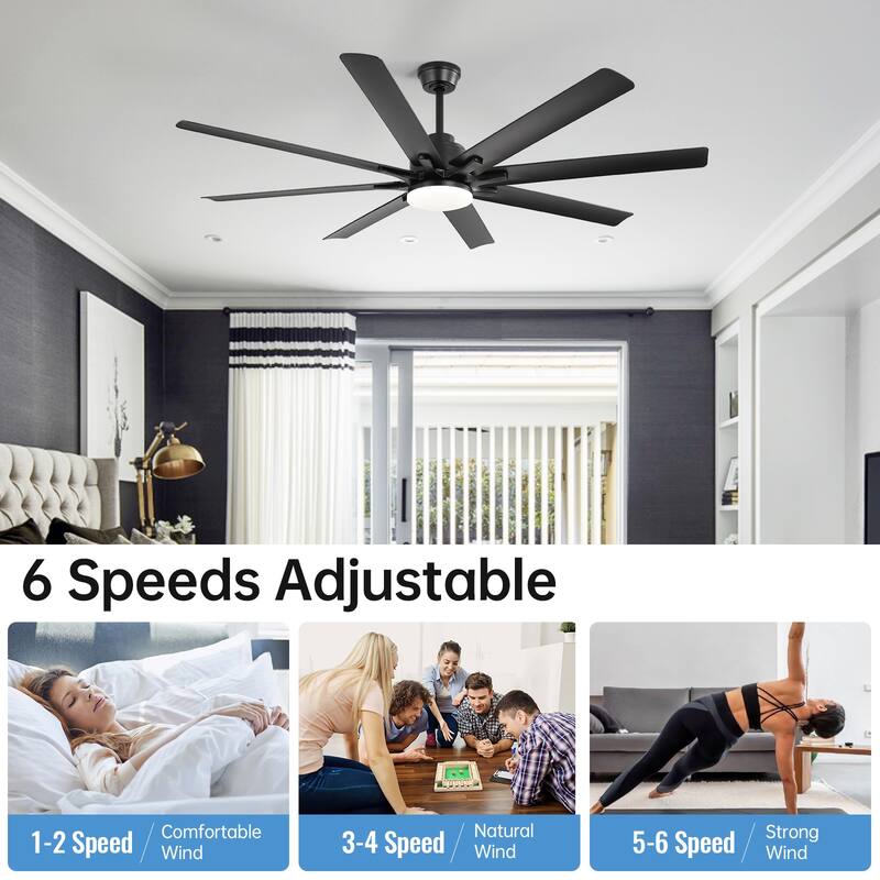 52 Inch/66 Inch/72 Inch Modern Ceiling Fan with Dimmable LED Light ,Remote&APP Control,8 Blades for Large Living Room,Porch