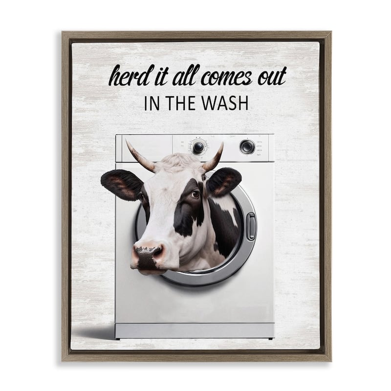 Stupell Cow & Washing Machine Framed Floater Canvas Wall Art Design By Lettered and Lined - 25 x 31 - Brown