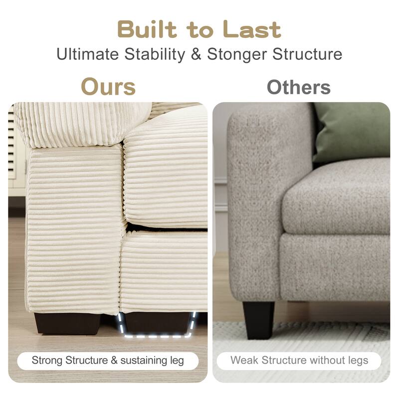 Roomfitters 82.6"/92" Modular L-Shape Sectional, Corduroy Cloud Couch with Ottoman & 6 Pillows