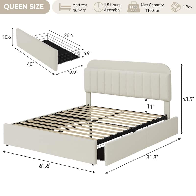 Twin XL/Queen Bed Frame with 2 Flexible Drawers and Bookcase Headboard, Boucle Upholstered Platform Bed for Boys/Girls