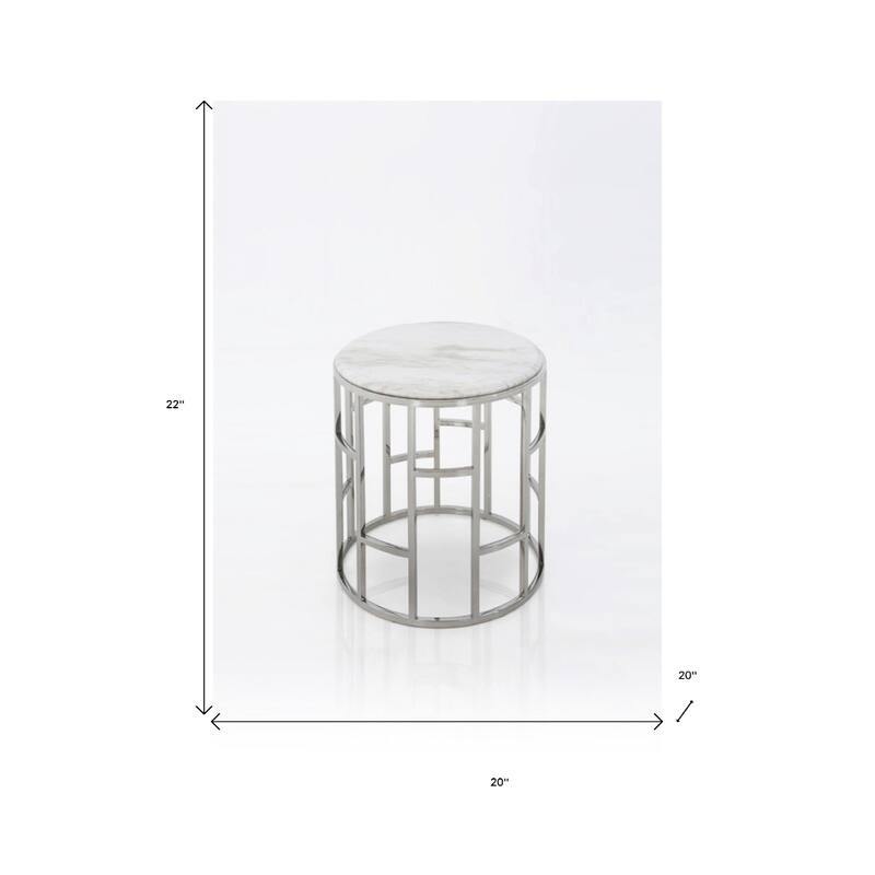 Contemporary Round Accent Table with Faux Marble Top and Silver Base for Living Room Decor - 22” x 20” x 20”