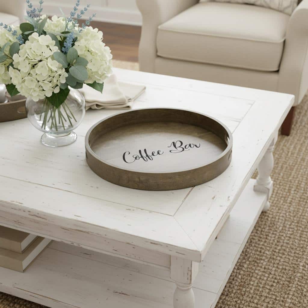 HomeRoots 14" Gray And Black Coffee Bar Round Serving Tray With Handles - 13.75 in. x 1.65 in. x 13.75 in.