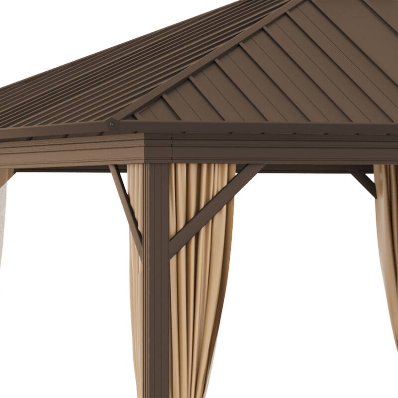 Outsunny 10' x 12' Outdoor Hardtop Gazebo Metal Roof Patio Gazebo with Aluminum Frame, Mesh Netting, Curtains, Brown