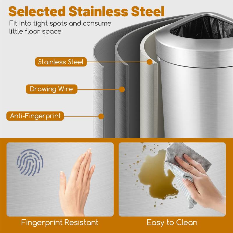 Gymax Stainless Steel Corner Trash Bin w/ Lid Large Open Top Anti-slip