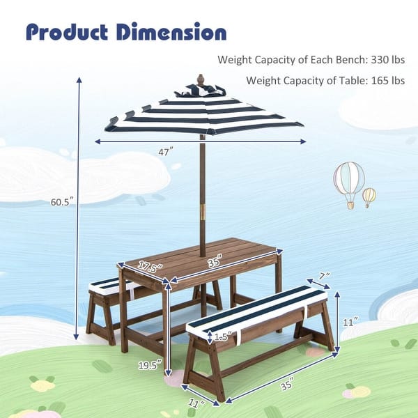 dimension image slide 1 of 2, Kids Picnic Table and Bench Set with Cushions and Height Adjustable Umbrella - 35" x 17.5" x 20"