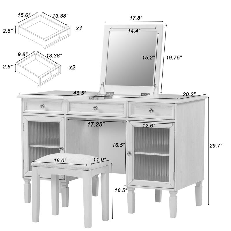 2-in-1 Makeup Vanity Writing Desk with Hidden Fold-Down Mirror & Cabinet, Computer Workstation Dressing Table Set with Stool