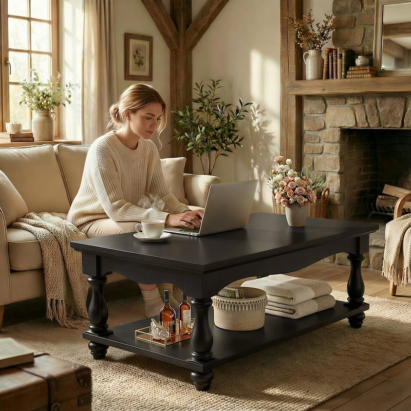 French Country Coffee Table with Storage Shlef, Farmhoues Retangular Living Room Table