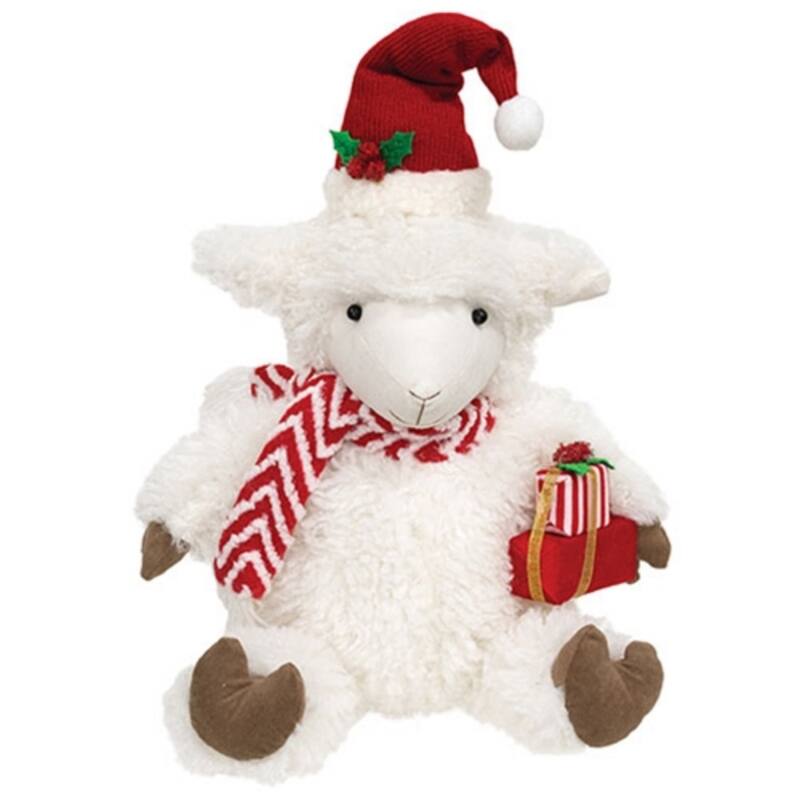 Sheep with Christmas Present 27 Inch Festive Farmhouse Decor - 13” x 9” x 25.50” - White-Red-Green