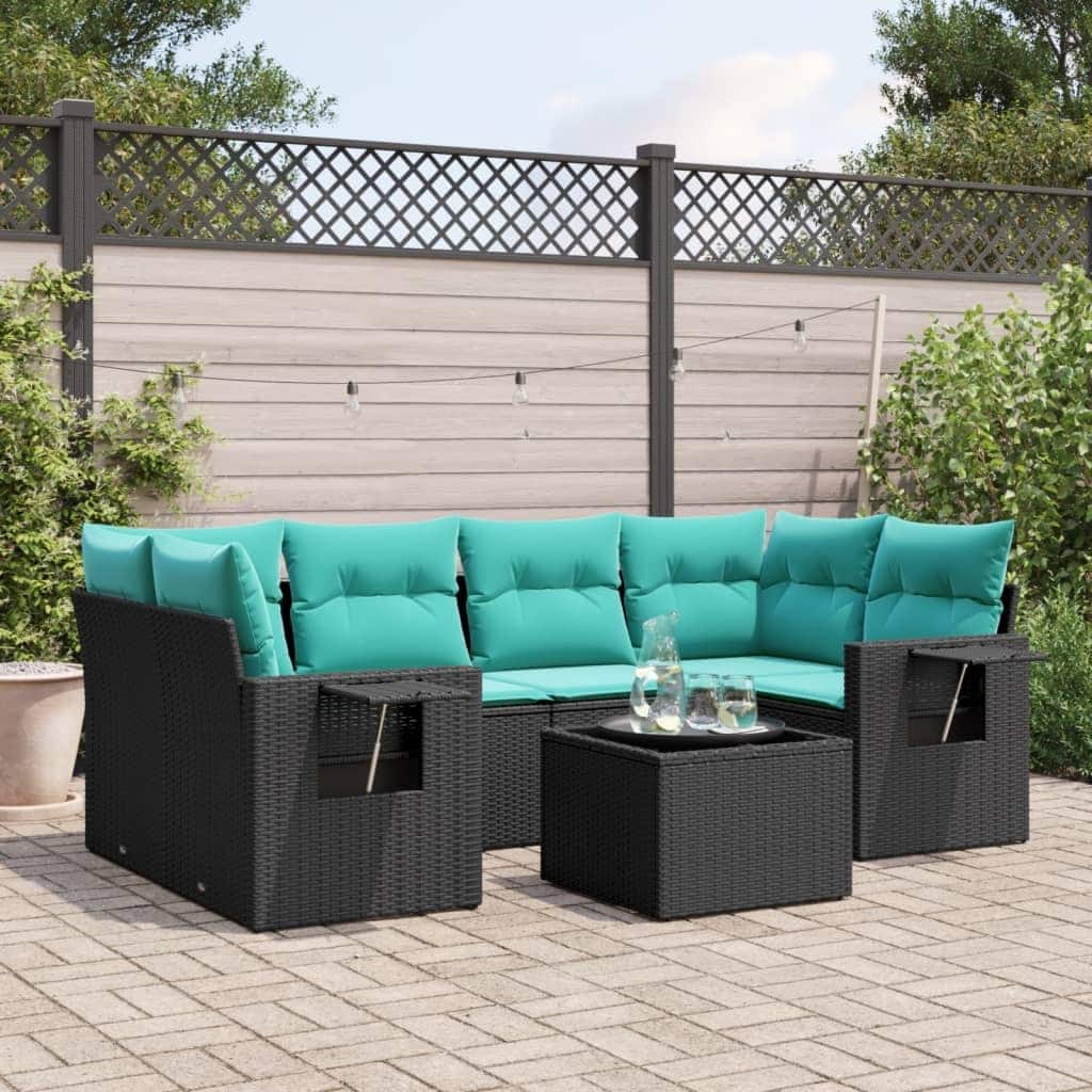 vidaXL 7 Piece Patio Sofa Set with Cushions Black Poly Rattan - 21.7 x 24.4 x 27.2