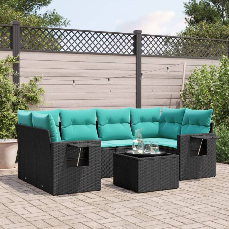 vidaXL 7 Piece Patio Sofa Set with Cushions Black Poly Rattan - 21.7 x 24.4 x 27.2