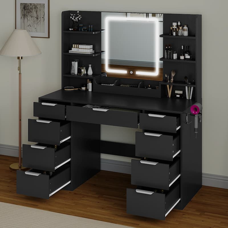 Moasis 9 Drawers Bedroom Vanity Desk,Makeup Vanity with Lighted Mirror and 9 Open Shelves
