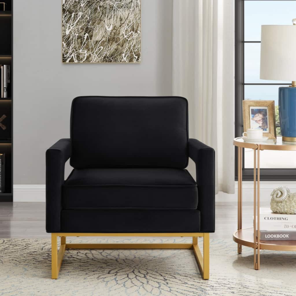 Modern Style Accent Chair with Gold Metal Base , Velvet Upholstered Leisure Chair with Open Armrest, Armchair
