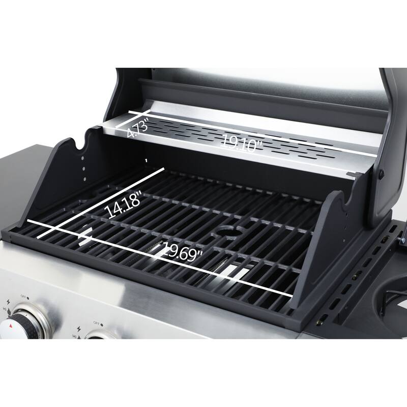3-Burner Propane Stainless Steel Gas BBQ Grill with Side Burner and Enameled Cast Iron Cooking Grids, for Outdoor Barbecue