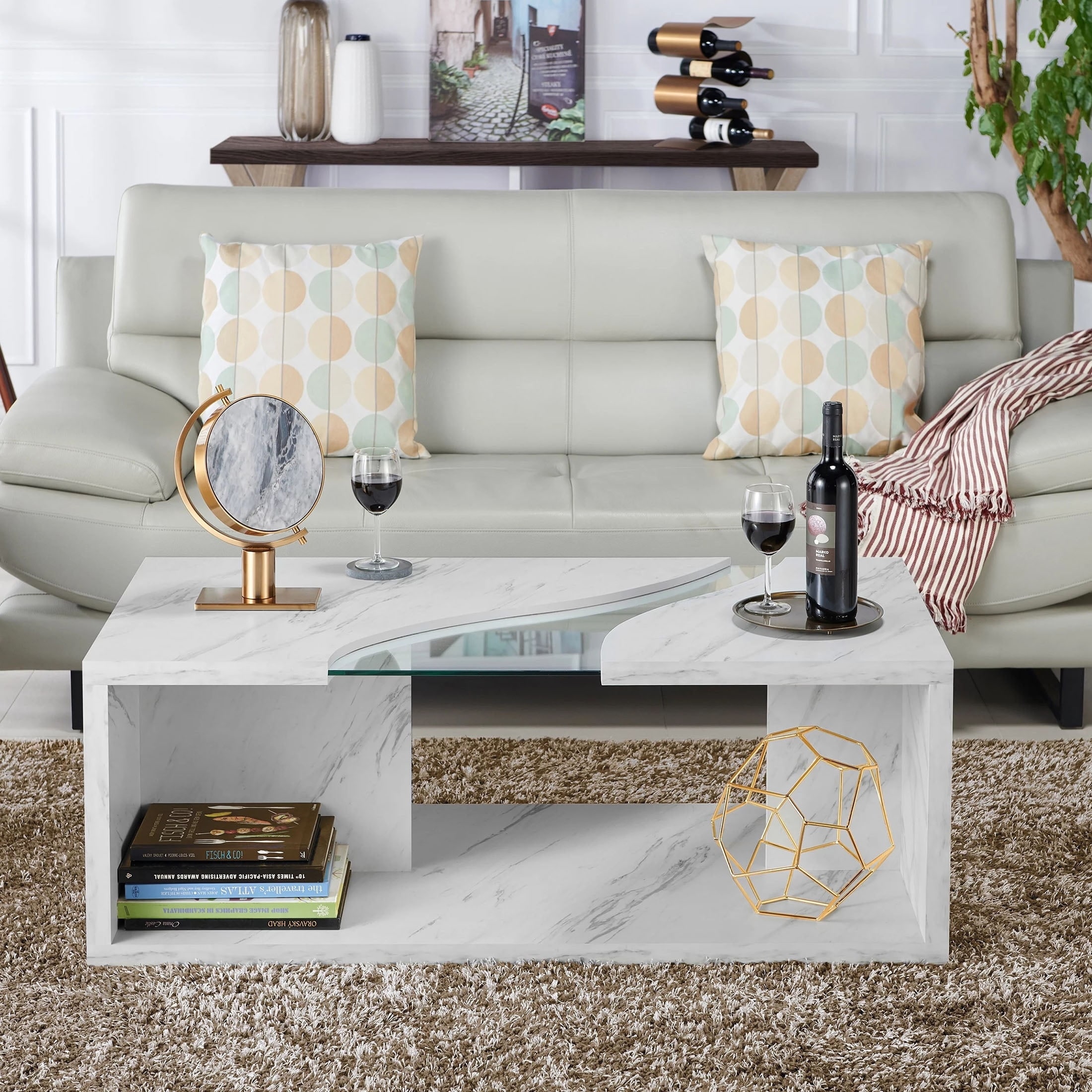 White Faux Marble Coffee Table with Curved Glass Accent and Dual Shelves, 47-inch