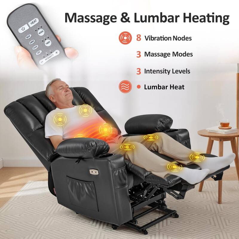 Power Lift Recliner Chair for Elderly, Massage and Heat, Faux Leather & Fabric