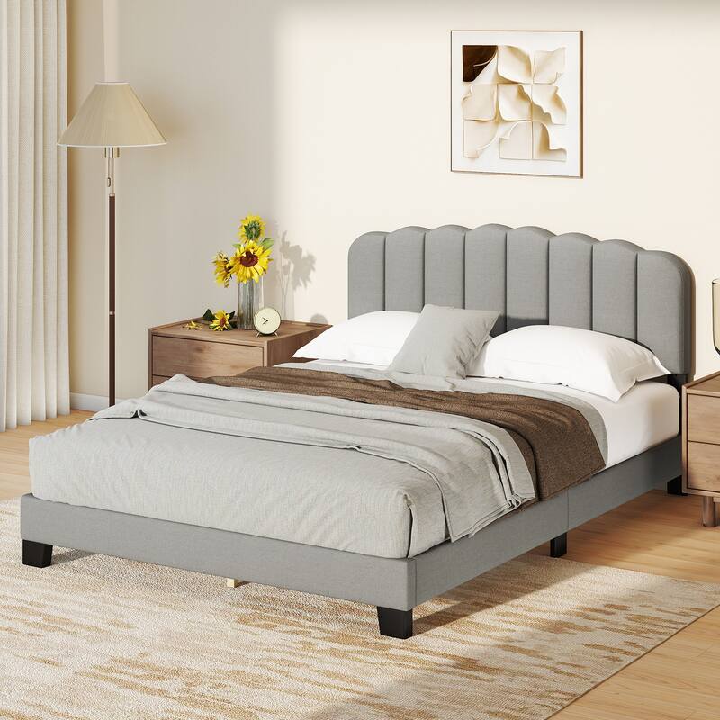 Gray Upholstered Queen Platform Bed Frame with Adjustable Headboard Tufted Linen and Sturdy Wooden Slats